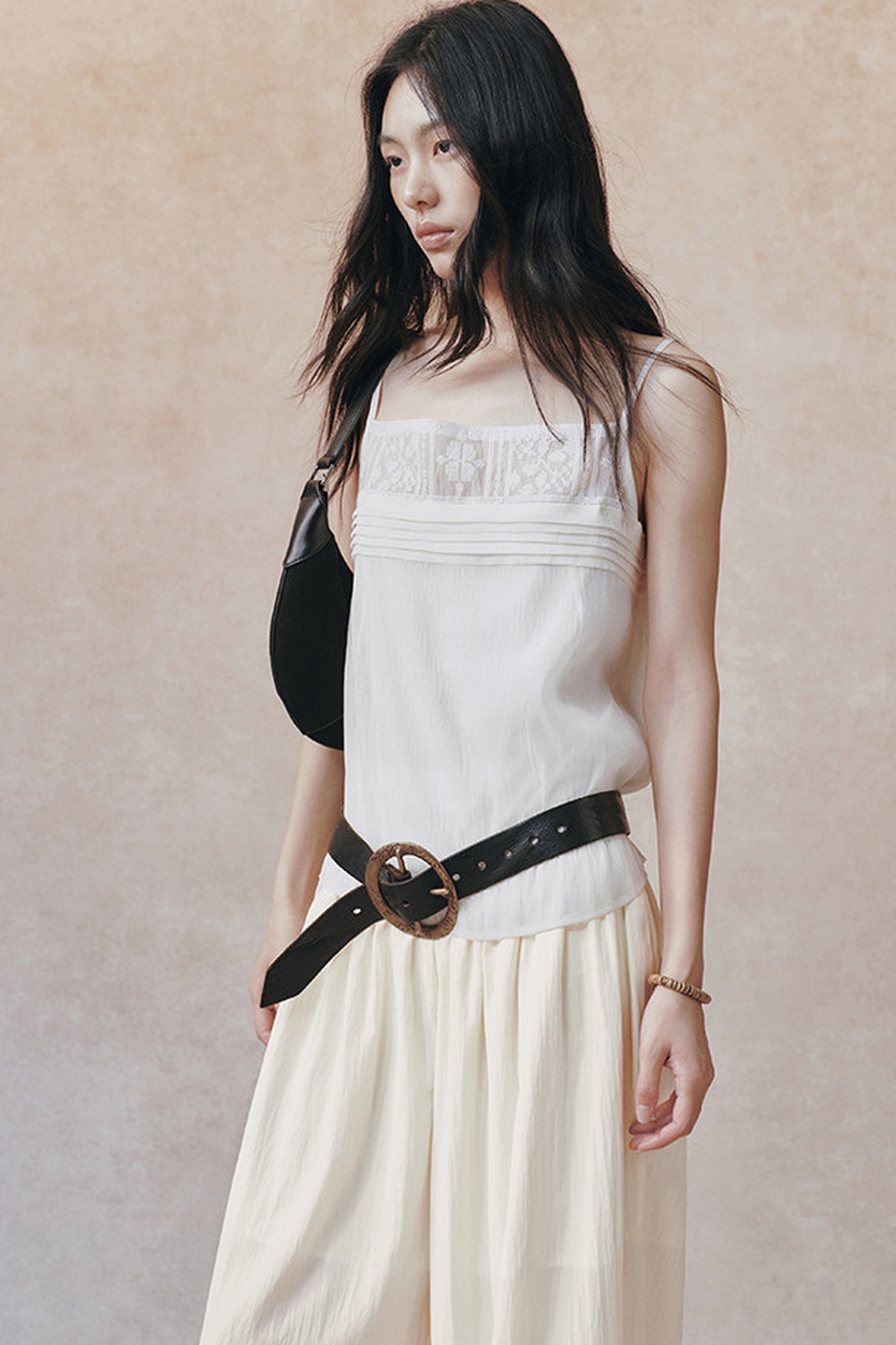 Vintage Cross Back Ruched Strap A-Line Camisole