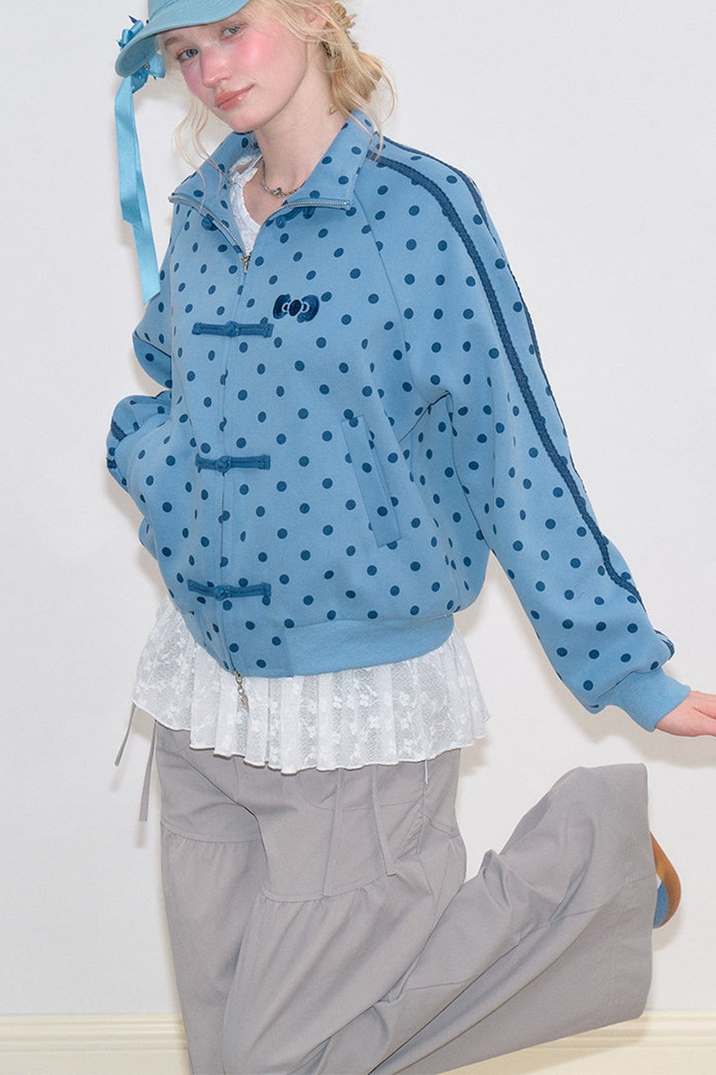 Blue Polka Dot Zipper Hoodie Jacket