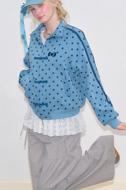 Blue Polka Dot Zipper Hoodie Jacket