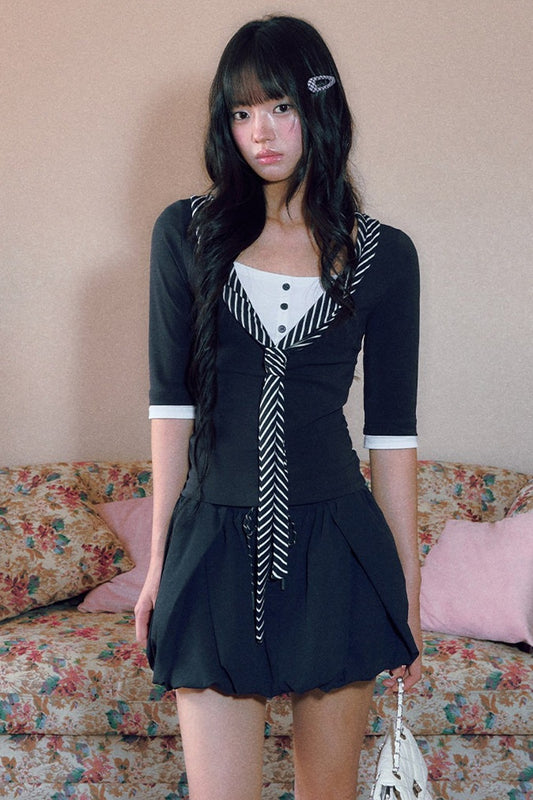 Striped Color-Block T-Shirt and Mini Skirt Set-Up