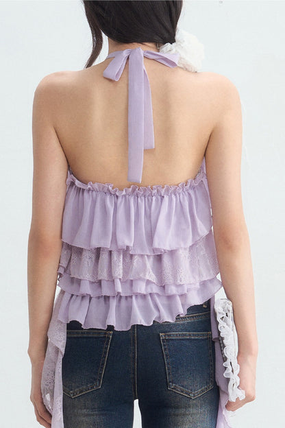 Multi-Layer Ruffle Lace Halter Top and Pants Set
