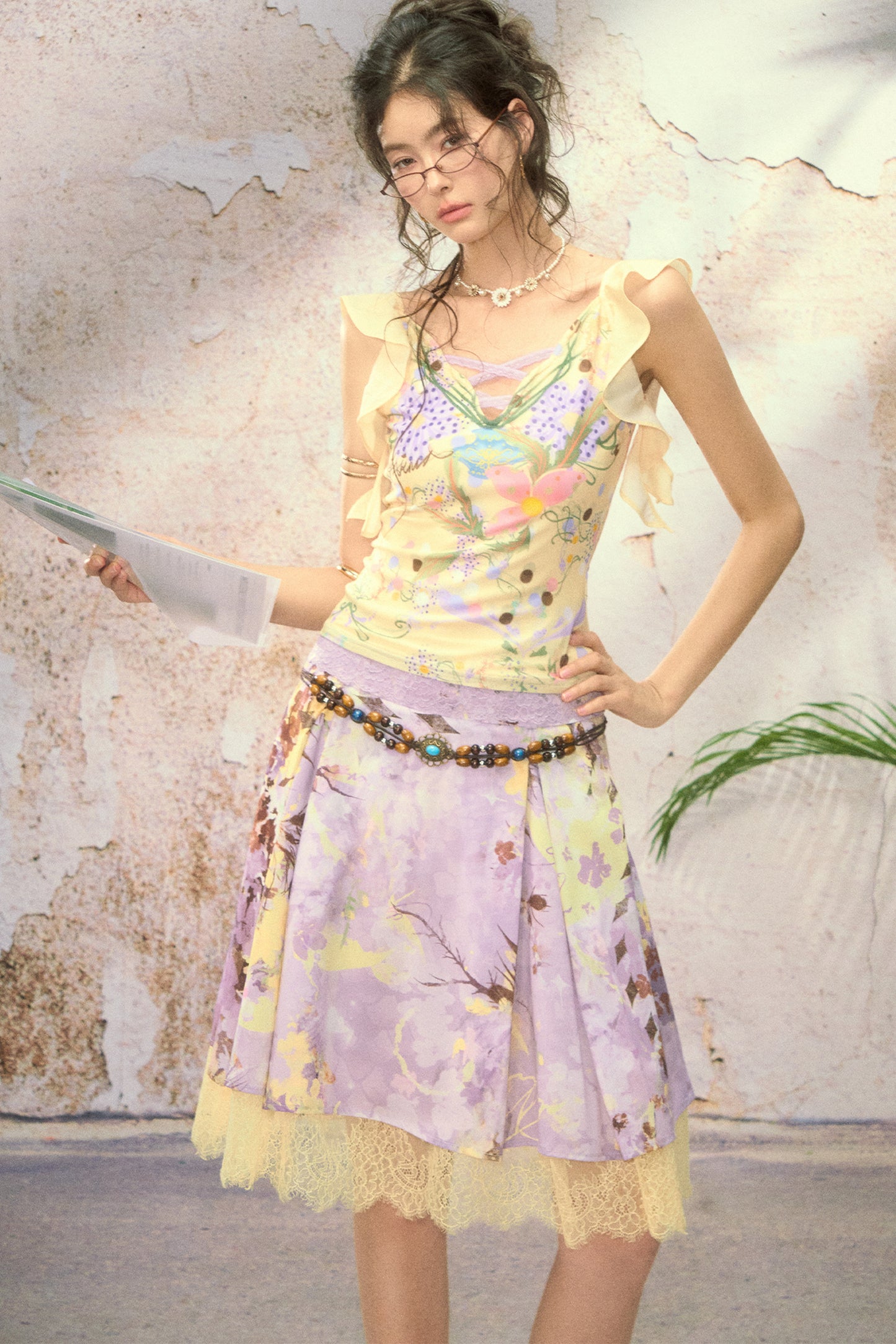 Hand-Painted Floral Print Ruffle Cross Tie Top
