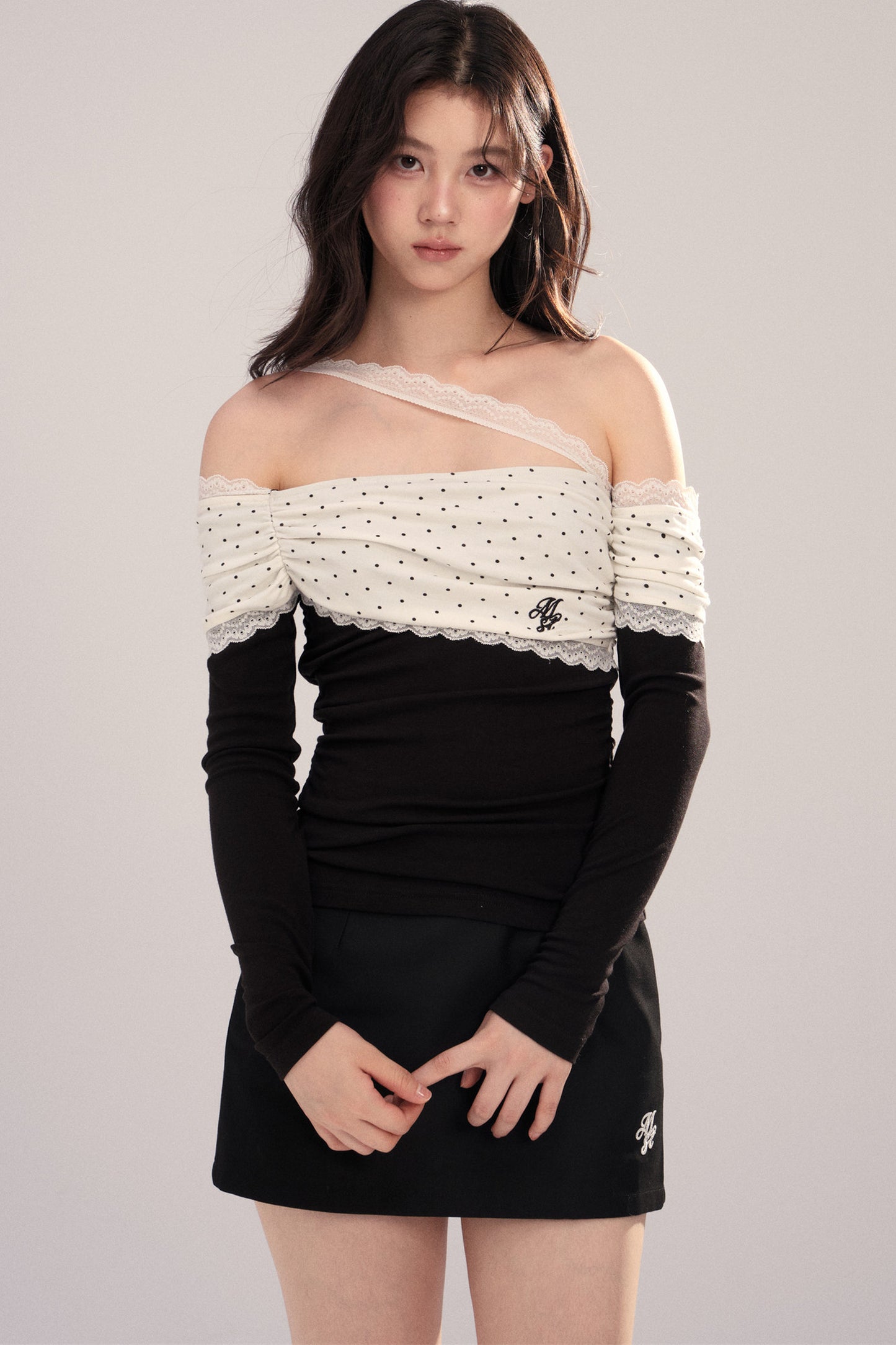 Polka Dot Spliced Lace Off-Shoulder T-Shirt