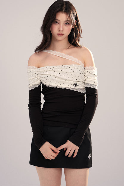 Polka Dot Spliced Lace Off-Shoulder T-Shirt