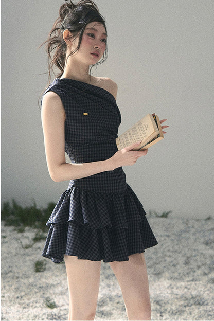 Moonlight Plaid Off-Shoulder Dress