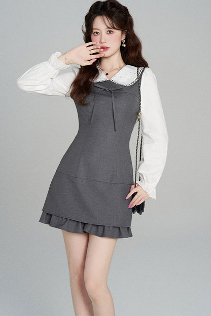 Gray Doll Collar Cinched Waist Dress