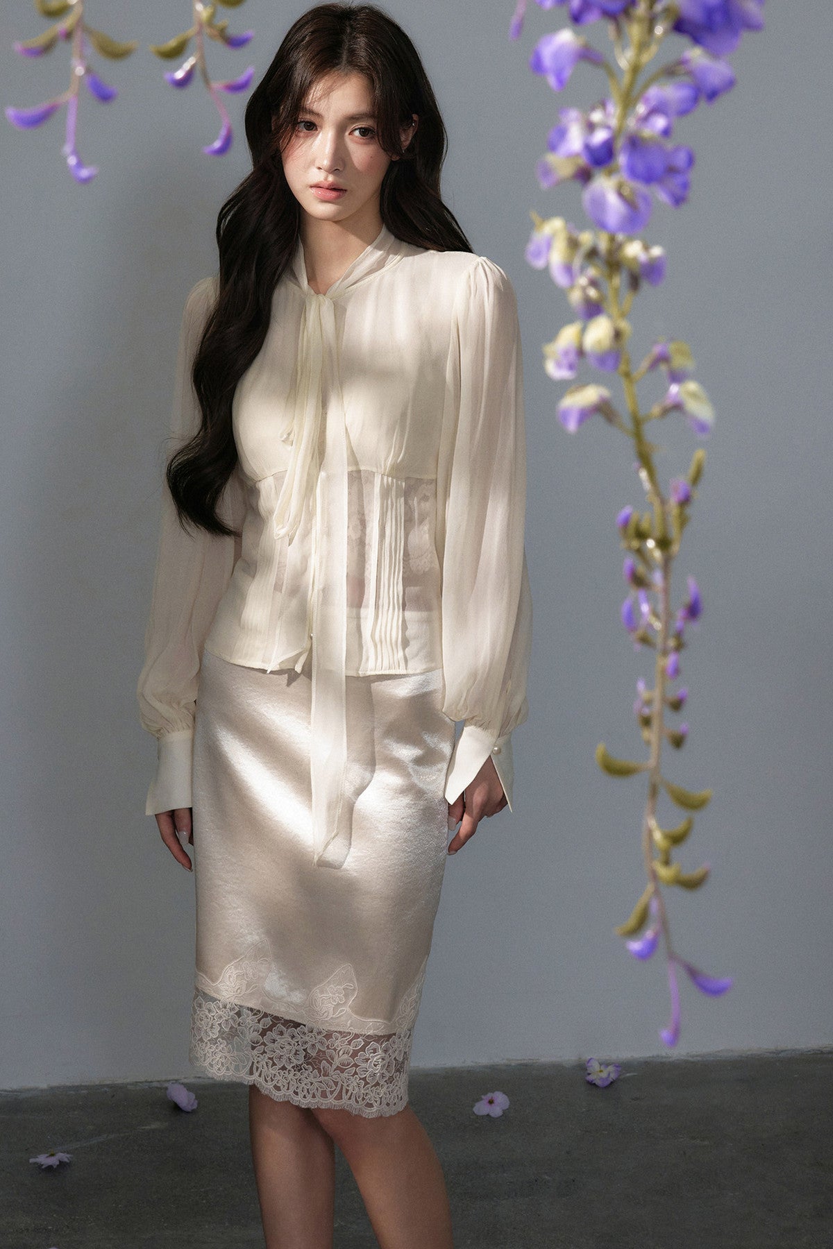 Tencel Long Sleeve Chiffon Cardigan and Skirt Set-Up
