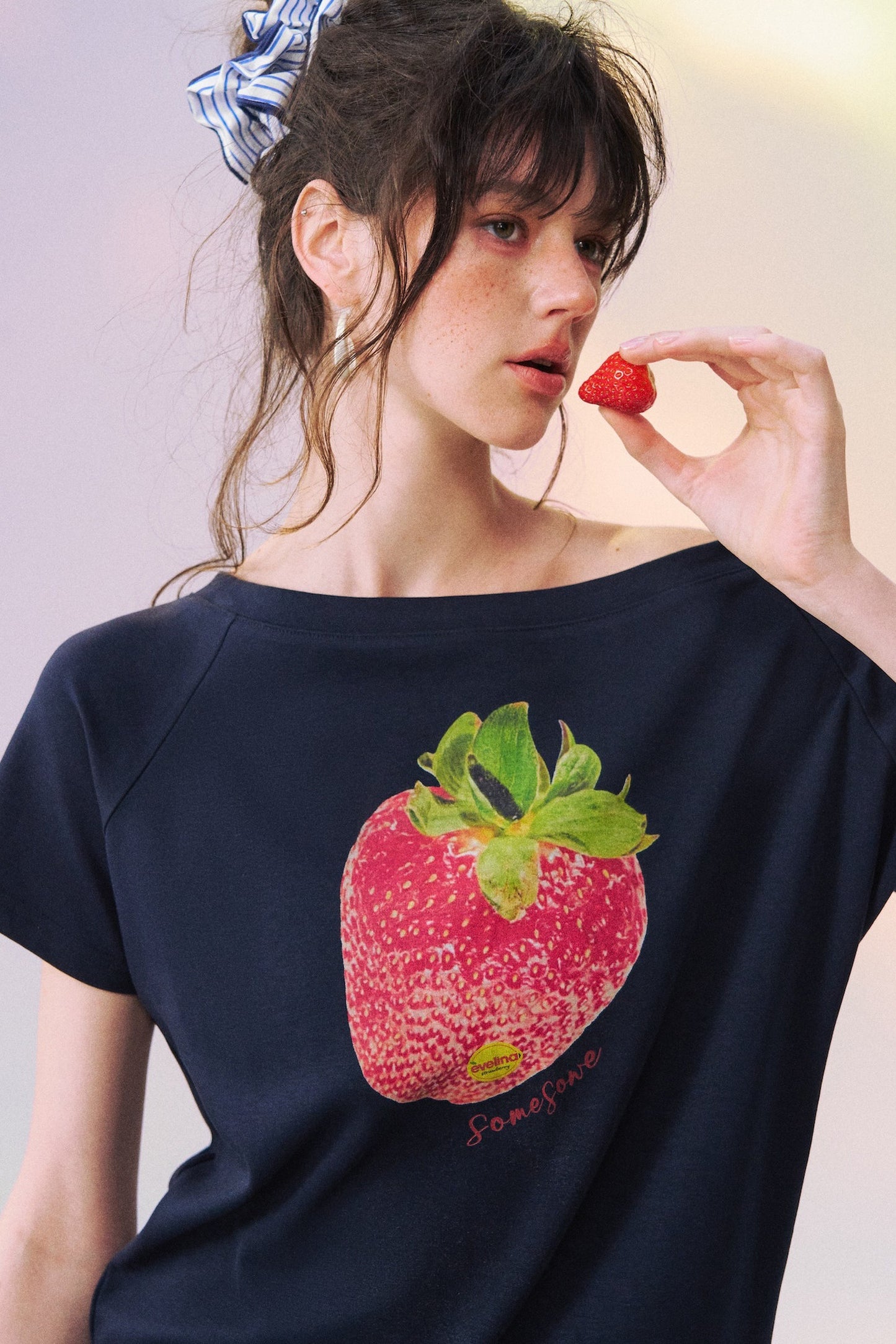 Strawberry Print One-Shoulder Blouse