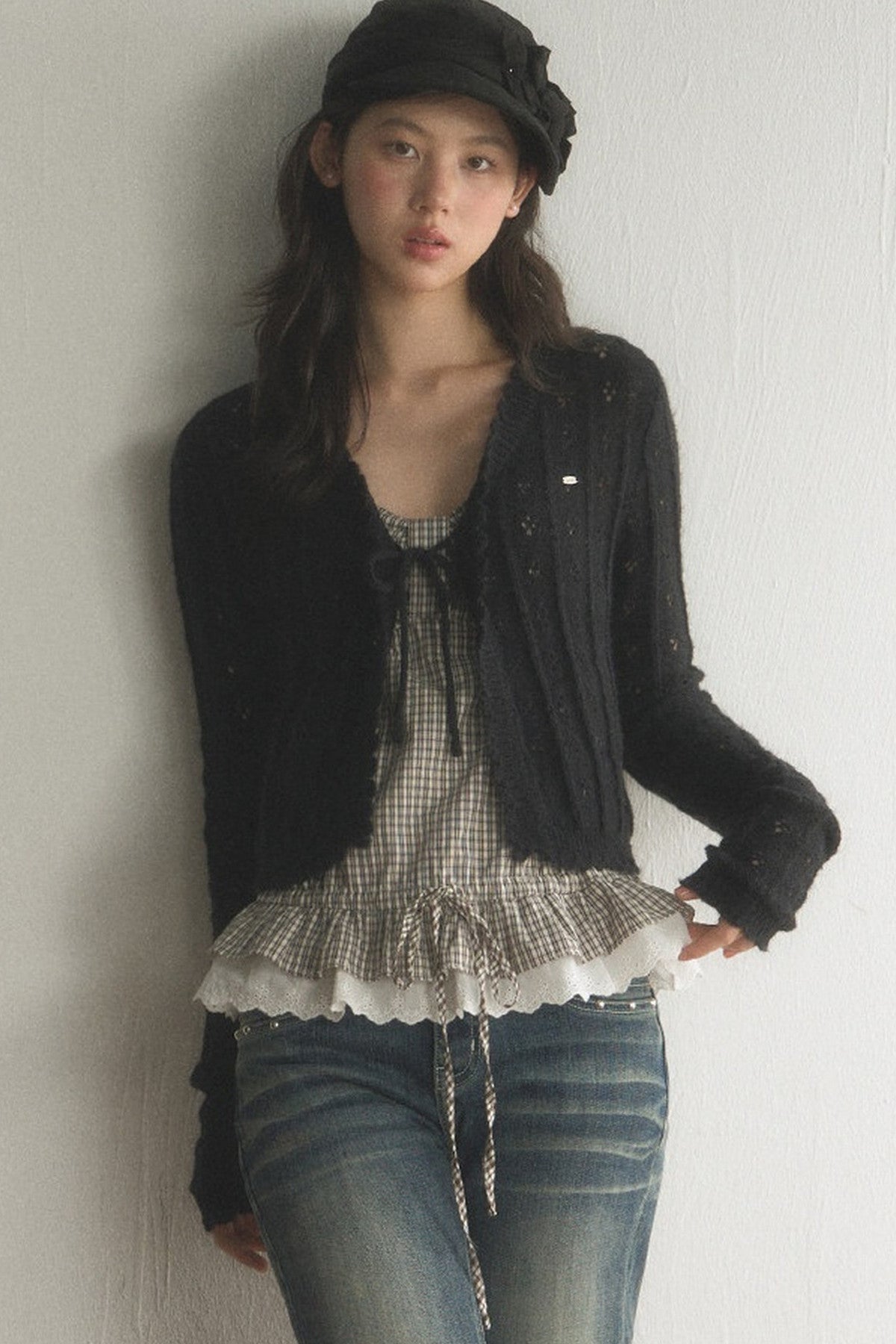 Hollow Knit Cardigan and Jeans Set-Up