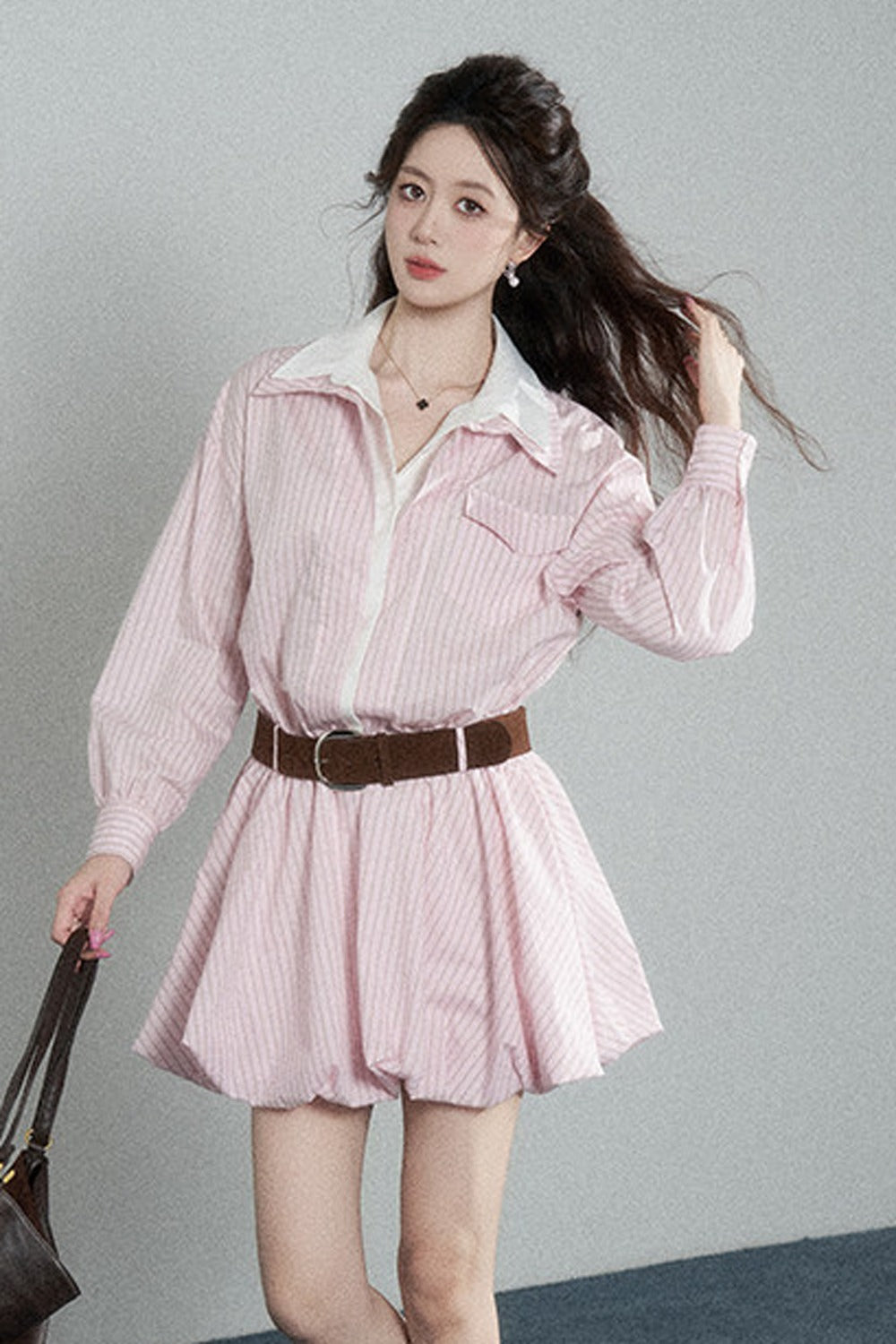 Pink Striped Bubble Shirt Dress