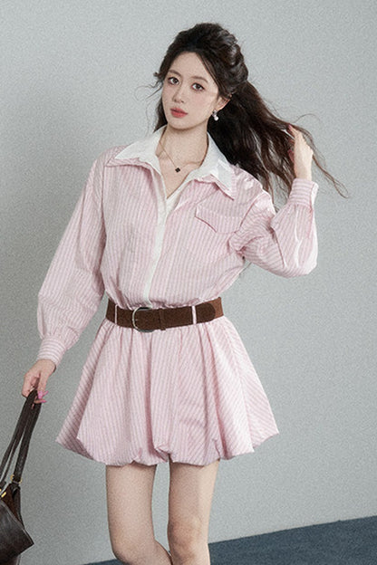 Pink Striped Bubble Shirt Dress