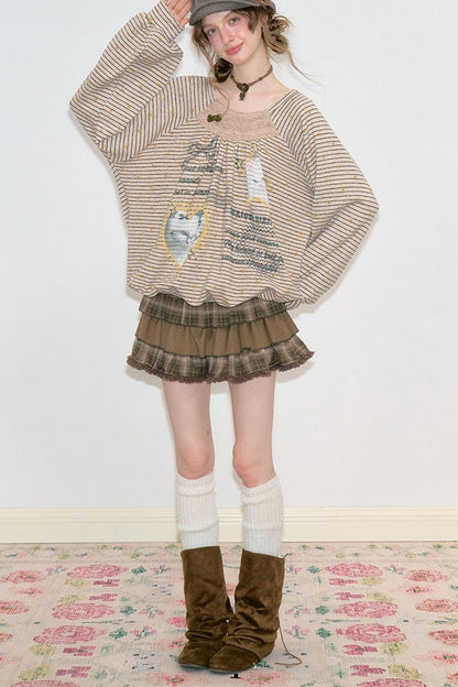 Striped Cat Print Round Neck Sweatshirt