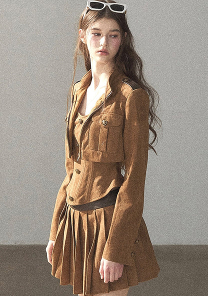 Autumn Coat and Pleated Skirt Three-Piece Set-Up
