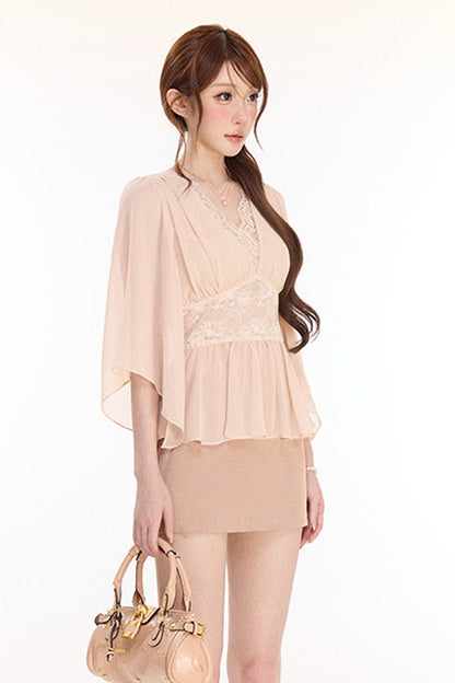 Half-Open Lace Satin Chiffon Top and Hip-Hugging Skirt Set-Up