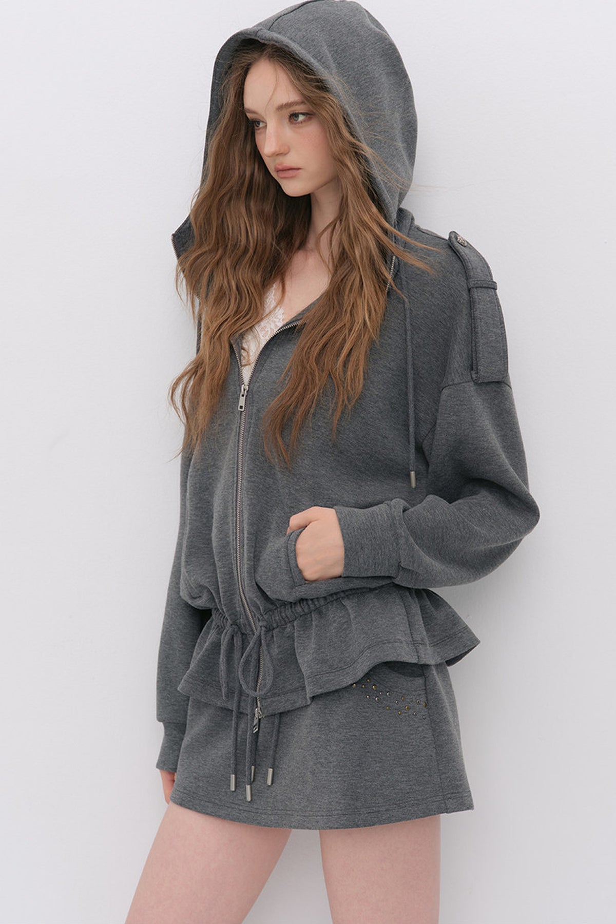 Silhouette Drawstring Hoodie and Studded Skirt Set-Up