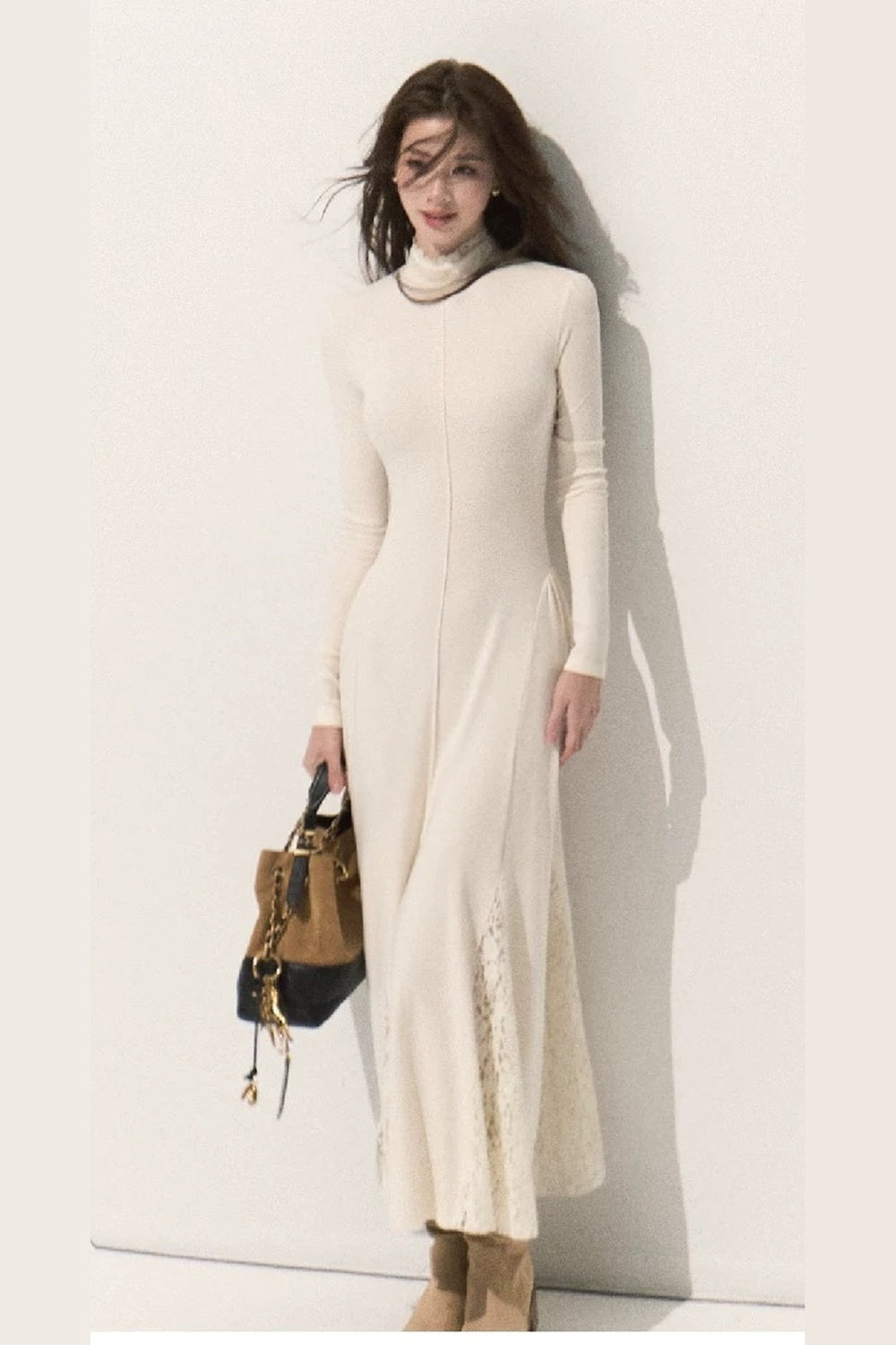 Long-Sleeve High-Neck Knit Dress