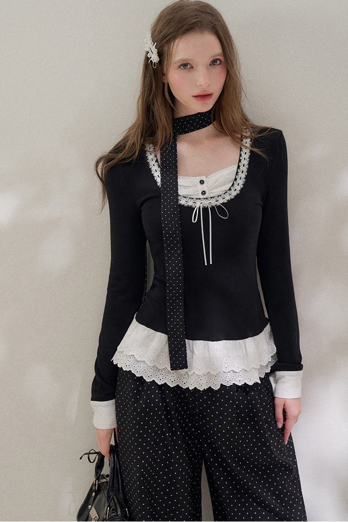 Black Layered-Look Long Sleeve Blouse