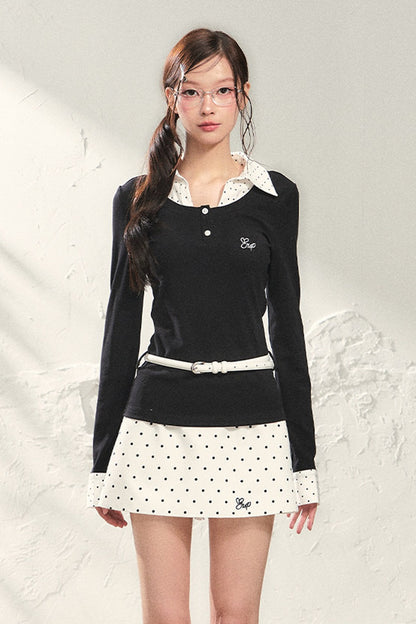 Conjunto de camisa de manga larga con lunares y falda