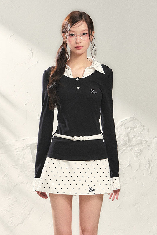 Long Sleeve Polka Dot Shirt and Skirt Set-Up