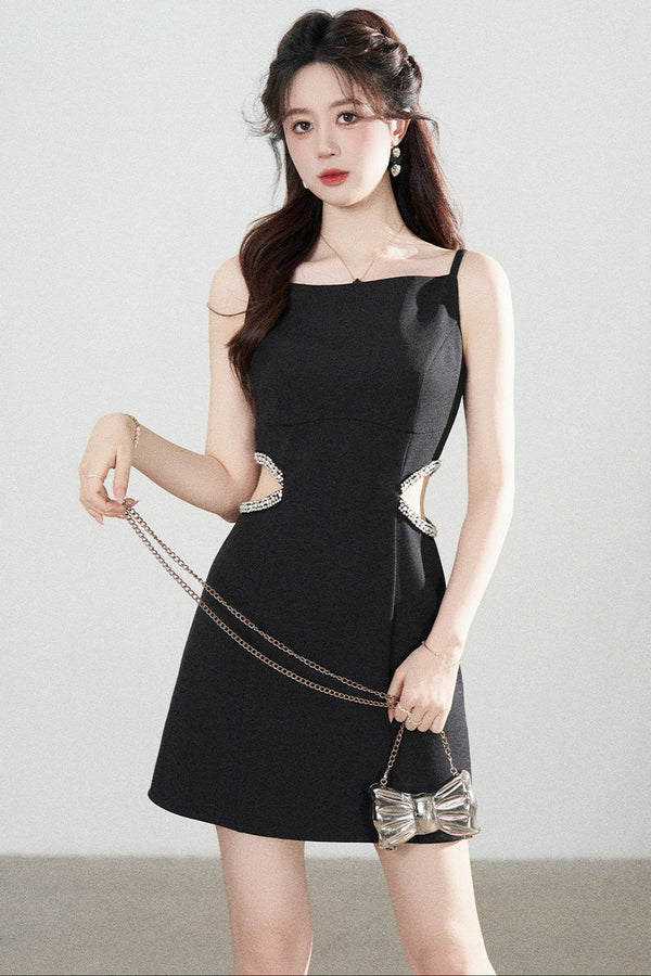 Heavy Beading Black Spaghetti Strap Dress