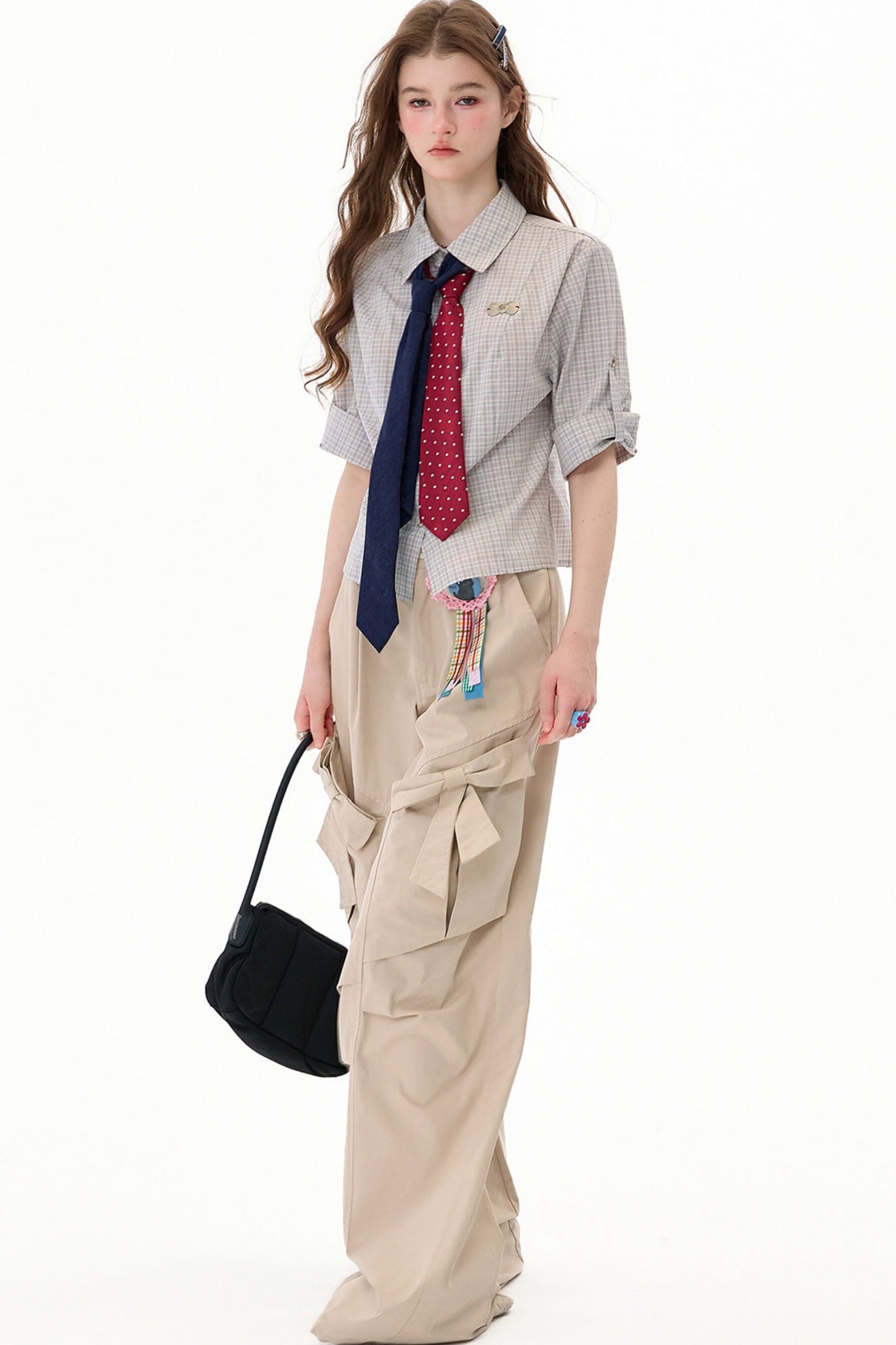 Camicia a maniche corte a quadri grigio chiaro