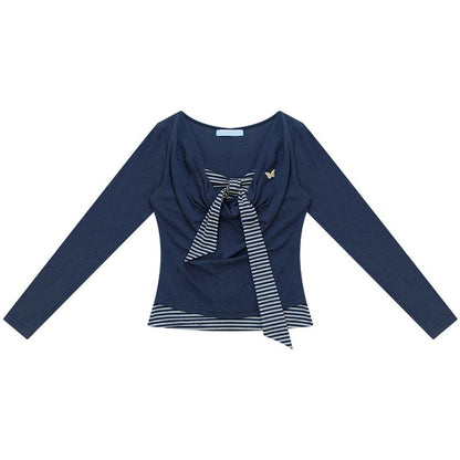 Layered-Look Striped Tie Knit Top