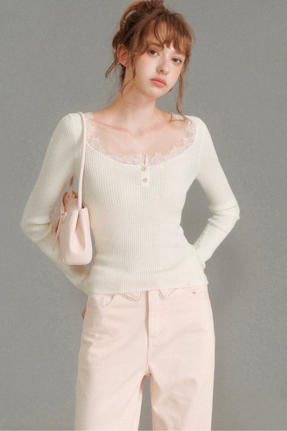 Wool Blend Lace Trim U-Neck Knit Top