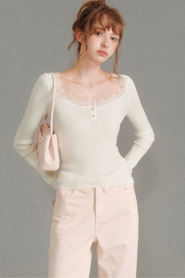 Wool Blend Lace Trim U-Neck Knit Top