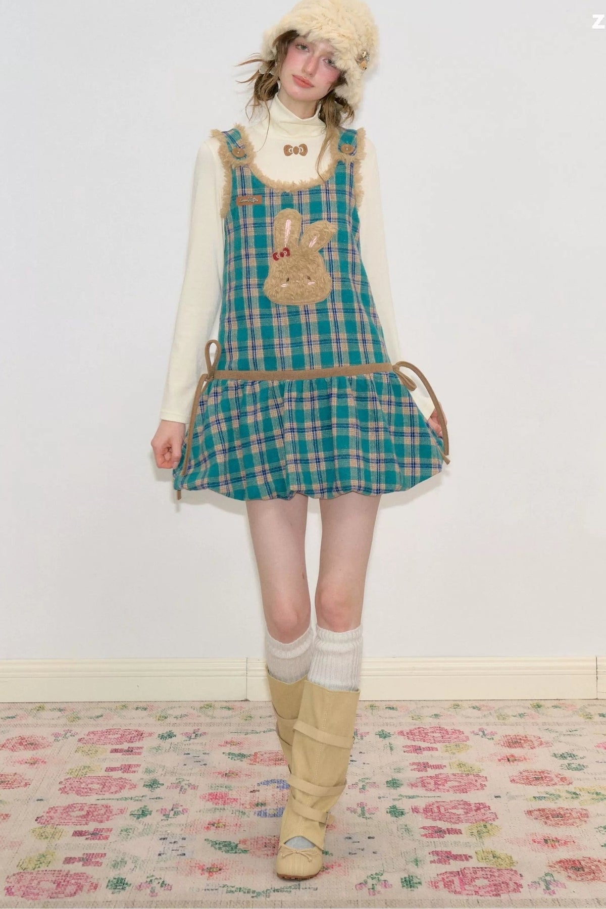 Plaid Bunny Pocket Vest Dress
