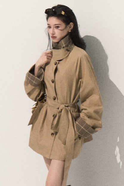 Trench-coat à carreaux à col montant