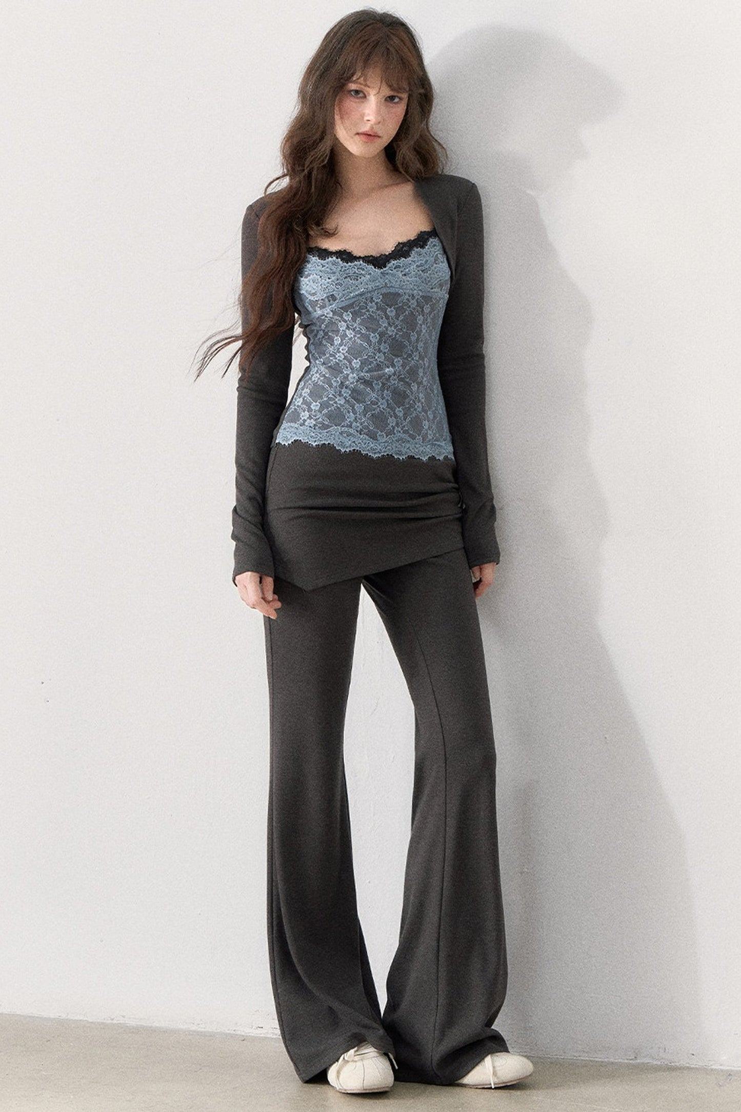 Lace Trim Knit Top and Flared Pants Set-Up
