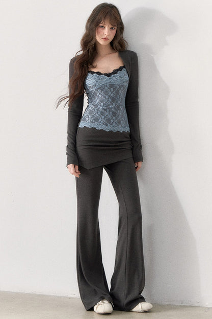 Lace Trim Knit Top and Flared Pants Set-Up