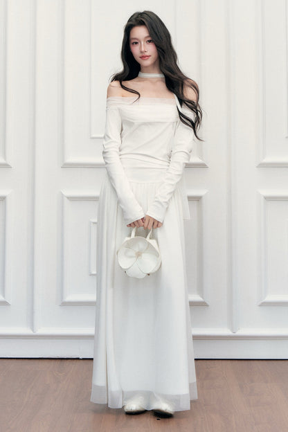 Off-Shoulder Lily Mesh Patchwork Long Dress
