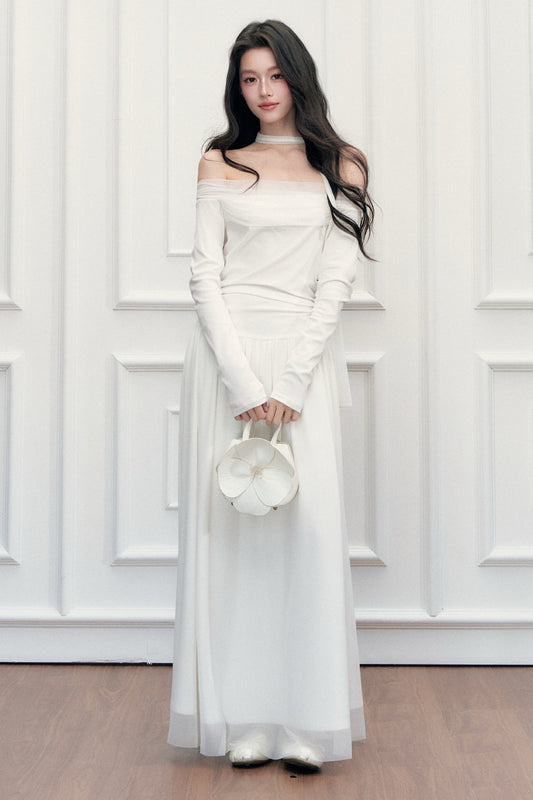 Off-Shoulder Lily Mesh Patchwork Long Dress