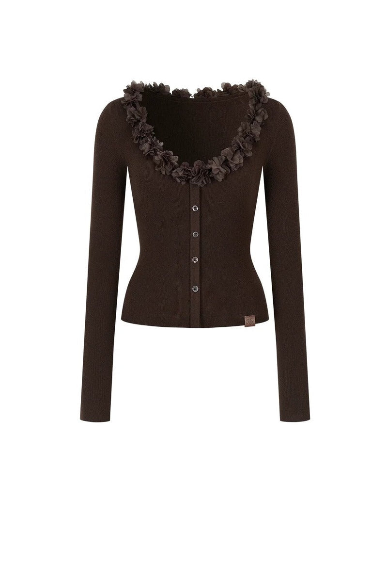 V-Neck Lace Silk Wool Knit Cardigan