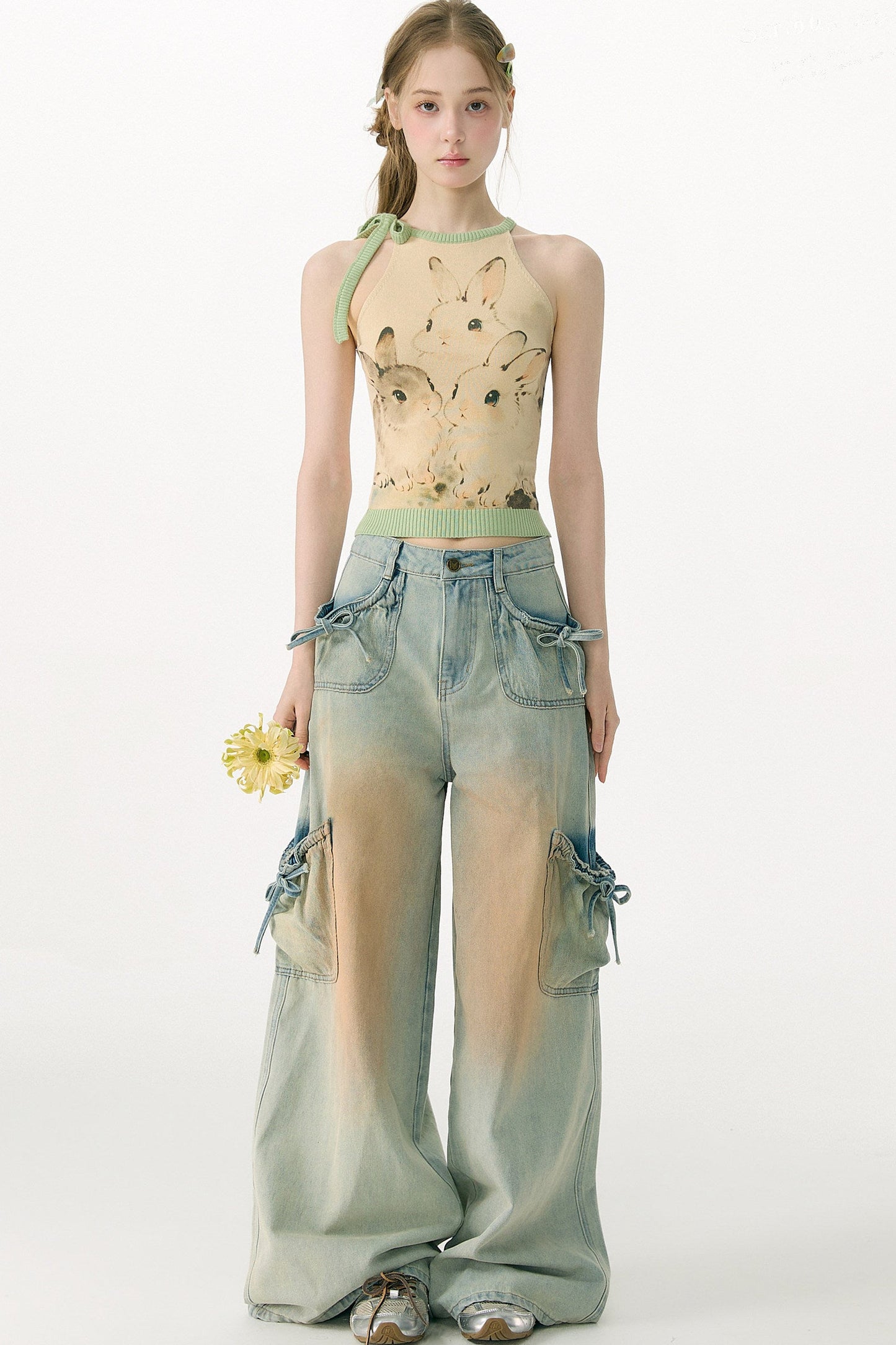 Pantaloni in denim retrò con fiocco