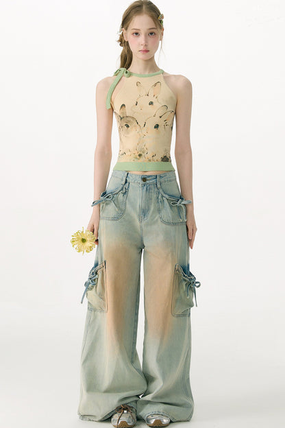 Pantaloni in denim retrò con fiocco
