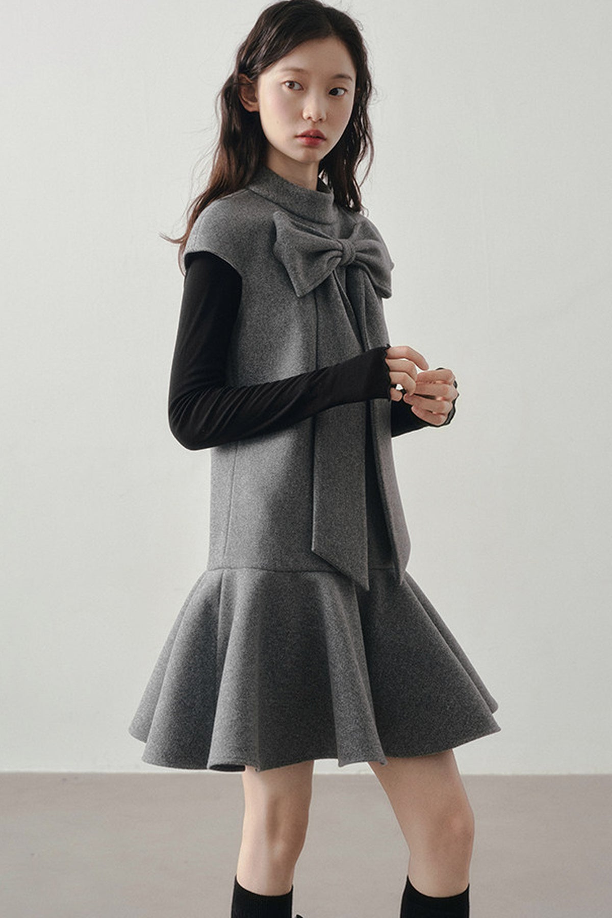 Woolen Bow Flutter Sleeve Dress