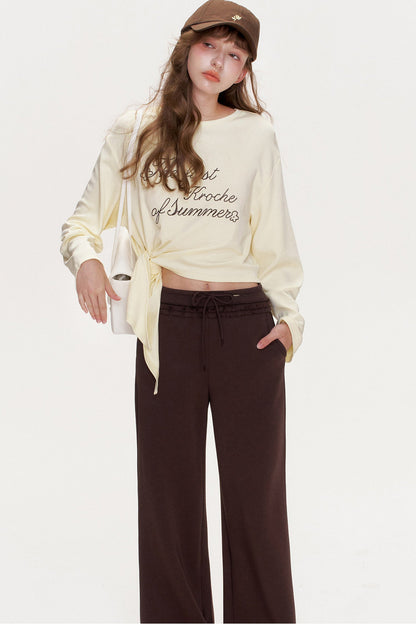 Ruffle Elastic Waist Drawstring Straight Pants