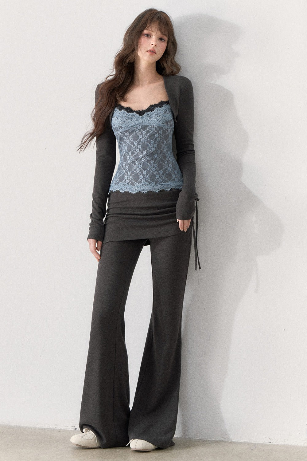 Lace Trim Knit Top and Flared Pants Set-Up