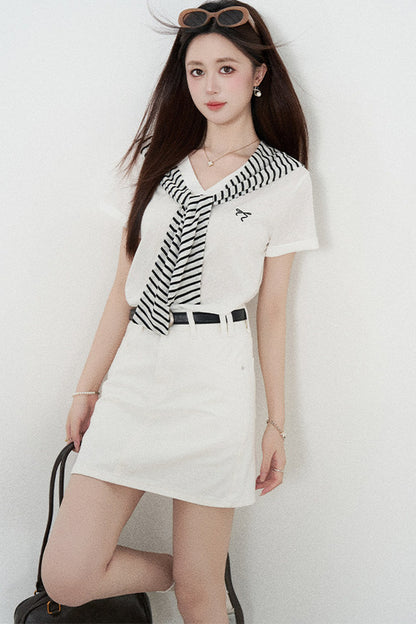 Loose Short-Sleeved Striped Shawl T-Shirt and Denim Skirt Set-Up