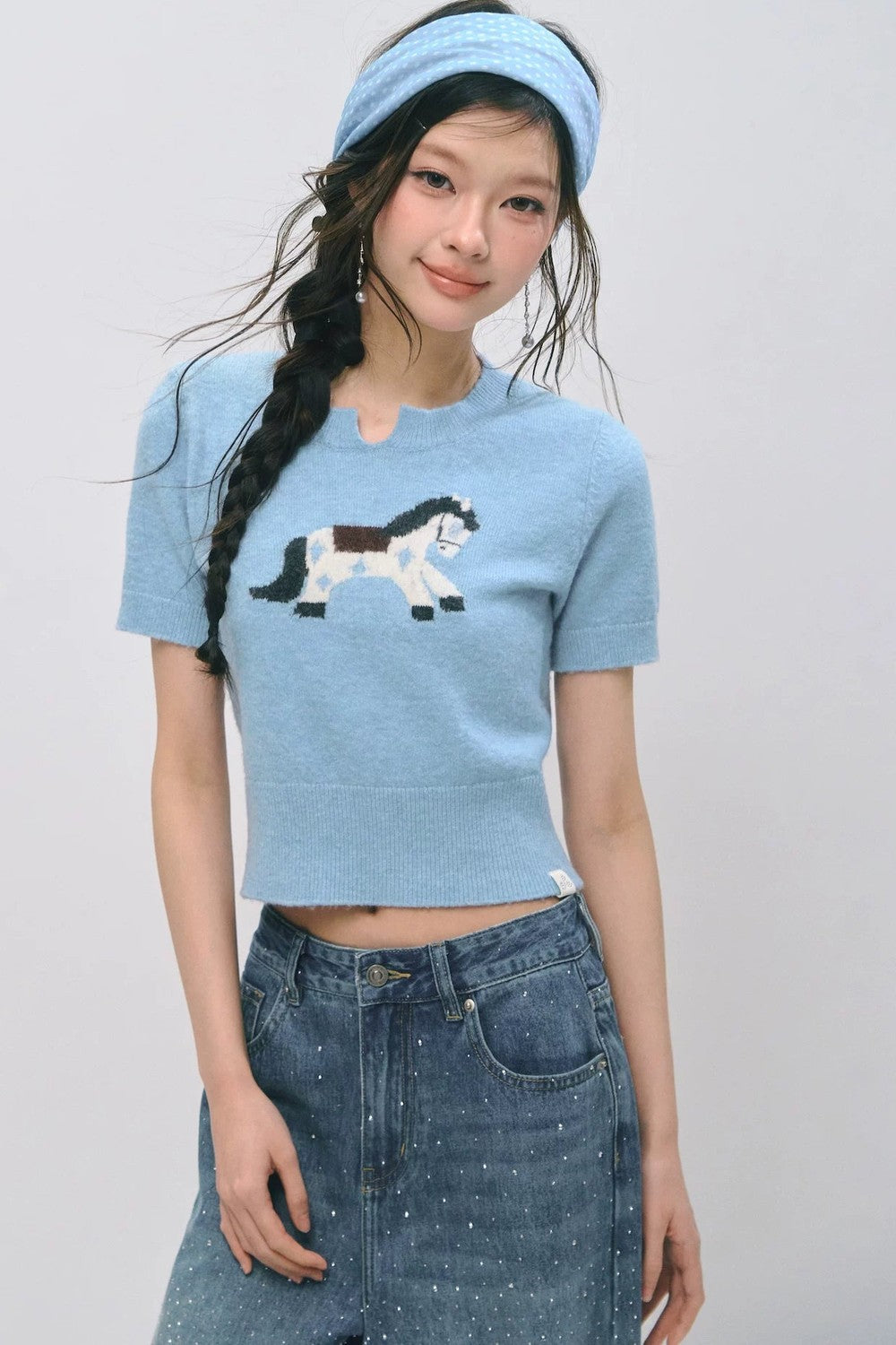 Haut à manches courtes en jacquard à motif poney