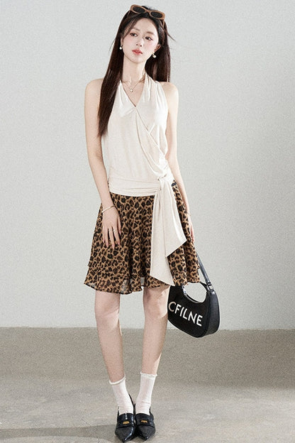 Multi-Color Halter Top and Leopard Print Skirt Set-Up