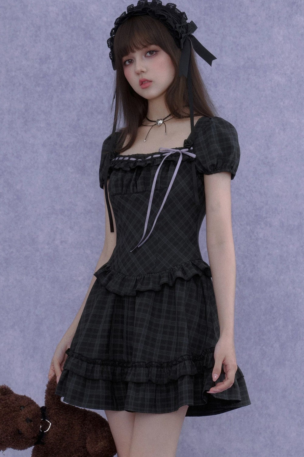 Rose Plaid Lolita Square Neck Dress