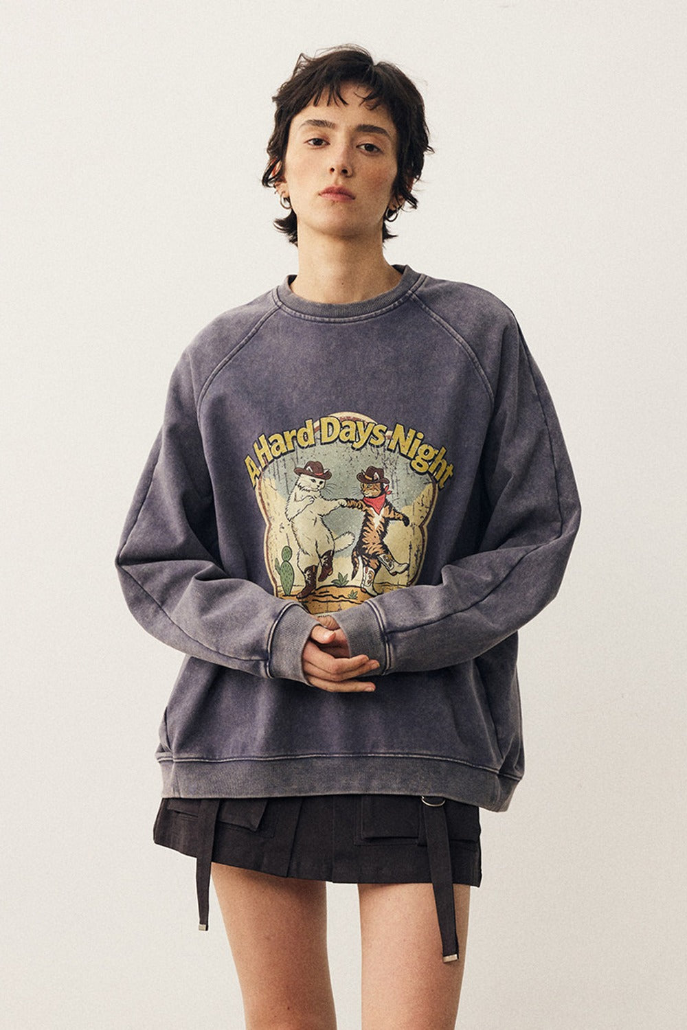 Washed Cat Print Sweatshirt and Pants Set