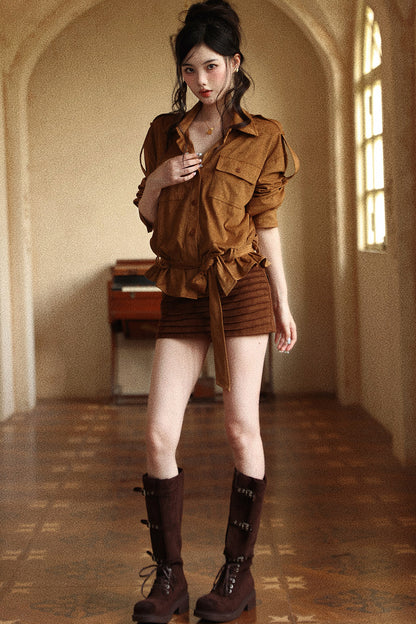 Vintage Lapel Waist-Tie Pleated Hem Work Shirt
