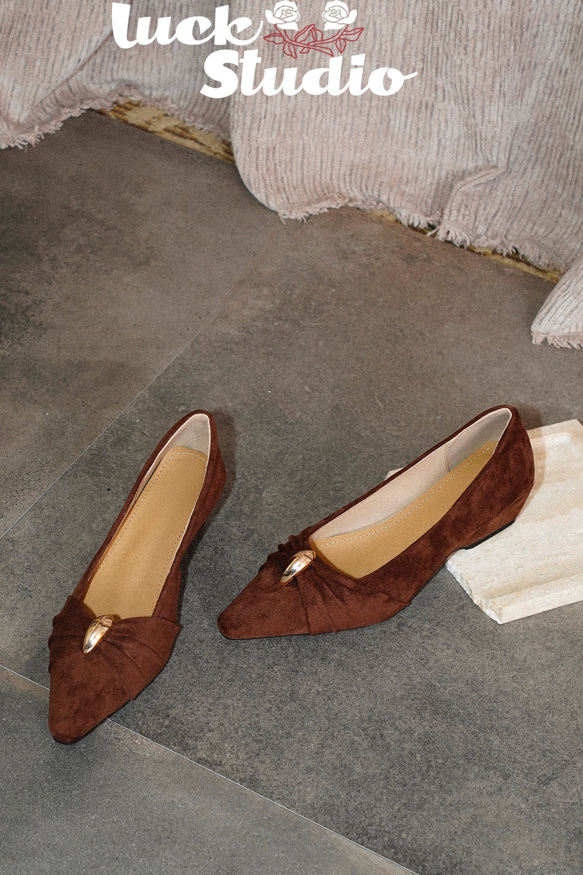Suede Bow Square-Toe Wedge Heel Slip-On Shoes