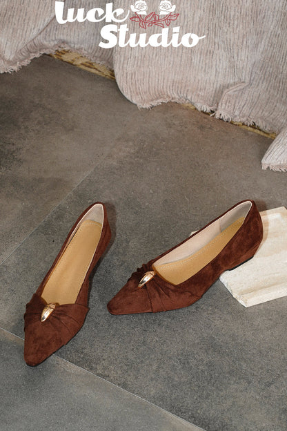Suede Bow Square-Toe Wedge Heel Slip-On Shoes