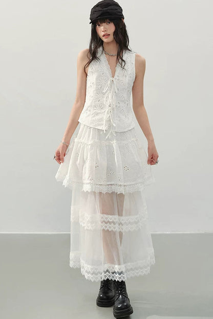 Gonna A-Line In Pizzo Bianco A Balze