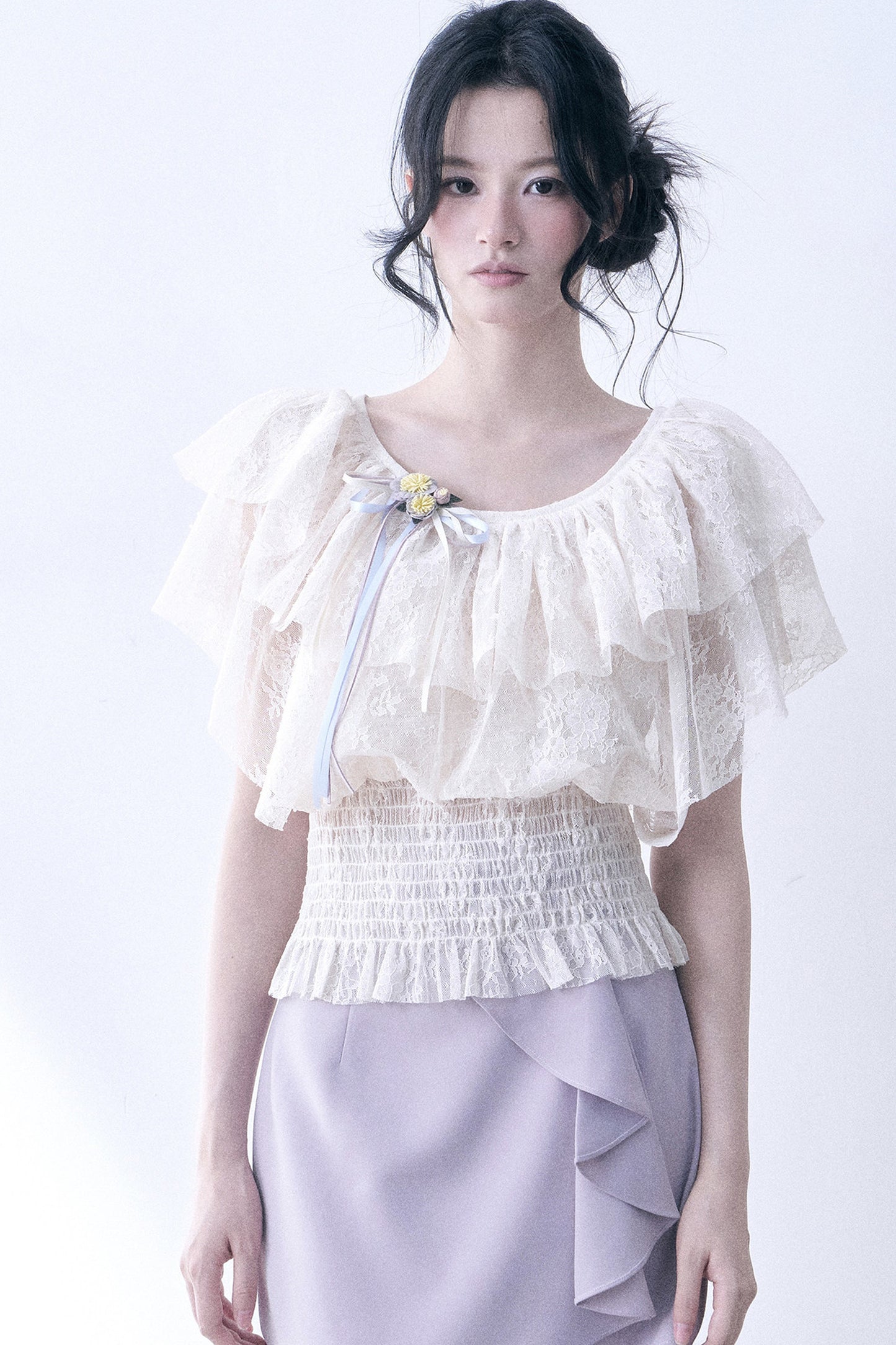 Layered Lace Ruffle Smocked Top